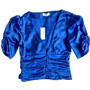 Flynn Skye small blue satin puff sleeve button down ruched bodice Fairycore top
